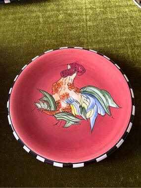 Hand-Painted Red Ceramic Decorative Dish with Colorful Bird Motif